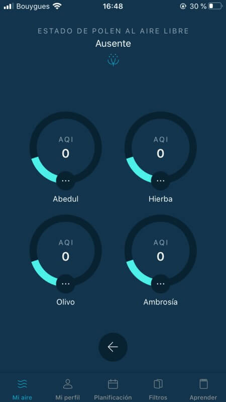 Outdoor pollen state page of Pure Air app